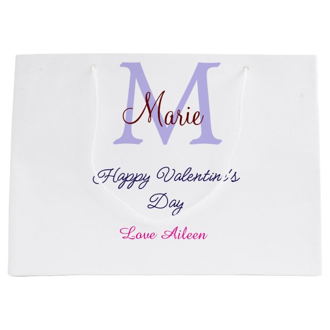 Purple pastel happy Valentine's day pink monogram  Large Gift Bag (Front)