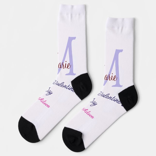 Purple pastel happy Valentine's day pink monogram  Socks (Left)