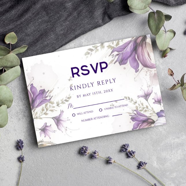 Purple Pastel Modern Floral Boho Wedding RSVP Card (Creator Uploaded)