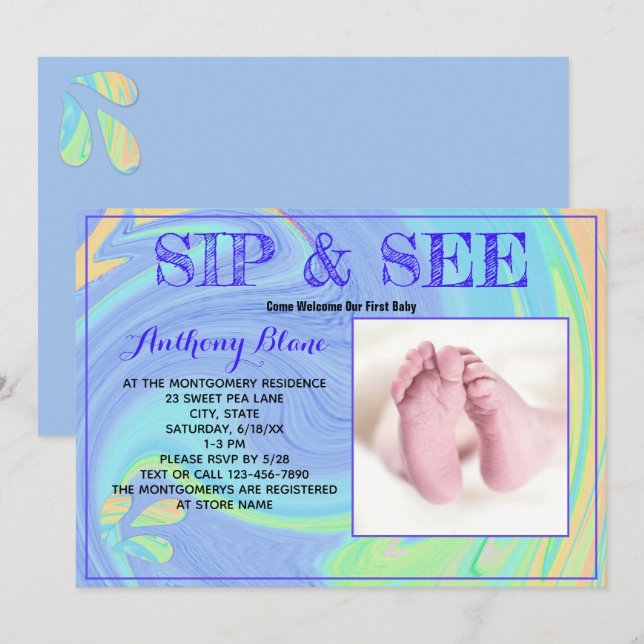 Purple Pastel Newborn Sip and See Custom Photo Invitation (Front/Back)