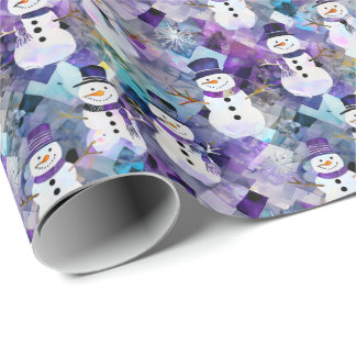 Purple Patchwork Squares Snowman Pattern Wrapping Paper