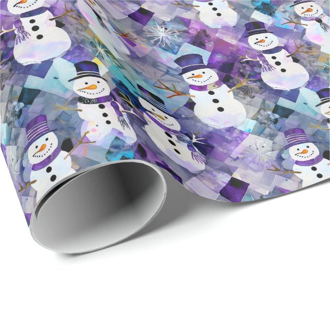 Purple Patchwork Squares Snowman Pattern Wrapping Paper (Roll Corner)