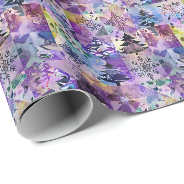 Purple Patchwork Squares Xmas Tree Pattern Wrapping Paper (Roll Corner)