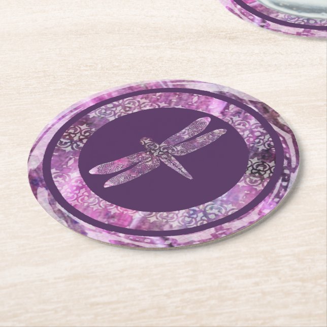 Purple Patina: Dragonfly Round Paper Coaster (Angled)