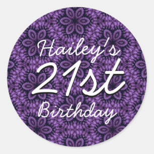 Purple Pattern 21st Birthday Custom Name V205 Classic Round Sticker