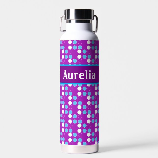 Purple Patterned Dots Custom Monogram Children's Water Bottle (Front)