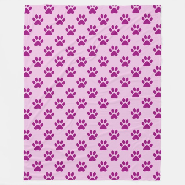 Purple Paw Print Pattern on Pink Fleece Blanket (Front)