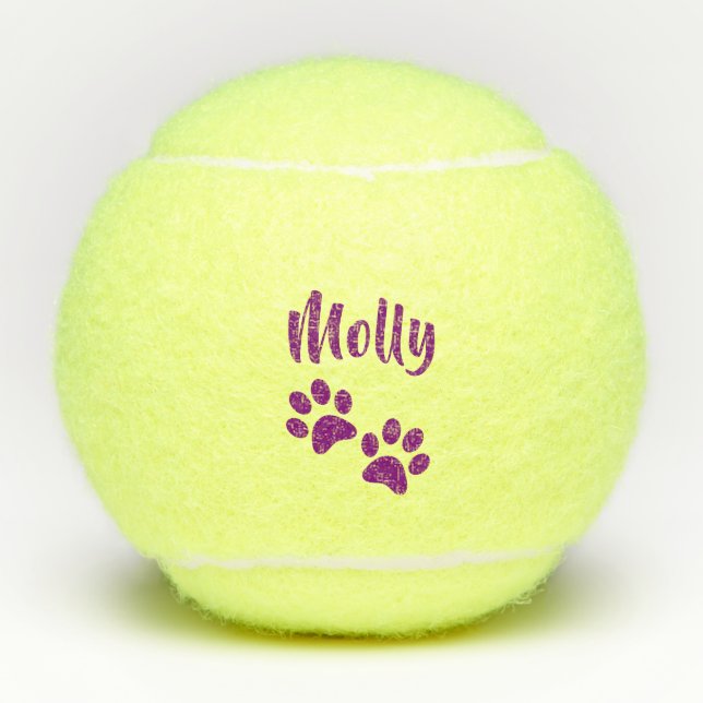 Purple Paw Print Personalised Pet or Dog Name Toy Tennis Balls (Front)