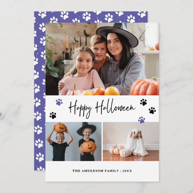 Purple Paw Print Pet Photo Happy Halloween Card (Front/Back)