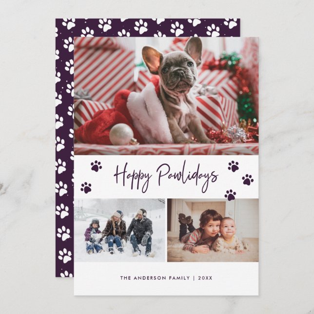 Purple Paw Print Photo Collage Happy Pawlidays Pet Holiday Card (Front/Back)
