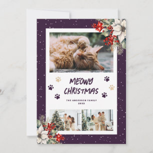 Purple Paws Snow Poinsettia Photo Christmas Card