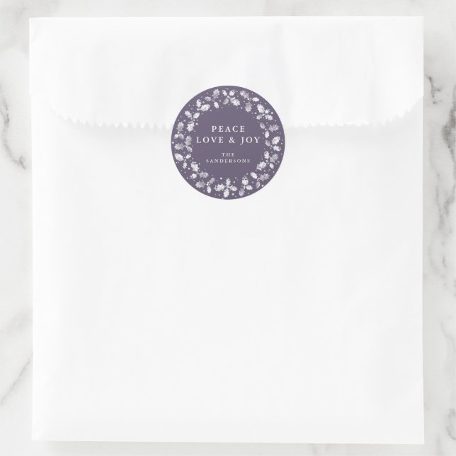 Purple Peace Love + Joy Holly Wreath Classic Round Sticker (Bag)
