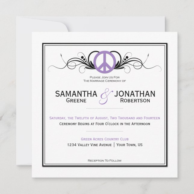 Purple Peace Sign Black Swirls White Wedding Invitation (Front)