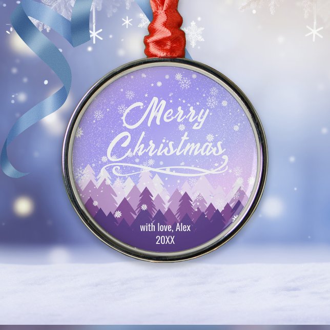 Purple Peaceful Snow Forest Merry Christmas Metal Ornament (Creator Uploaded)