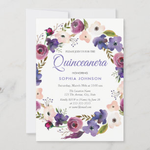 Purple Peach Burgundy Wreath Floral Quinceanera Invitation