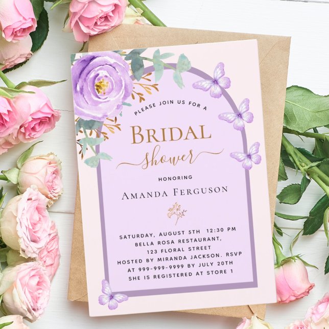 Purple peach butterflies floral arch Bridal Shower Invitation (Creator Uploaded)