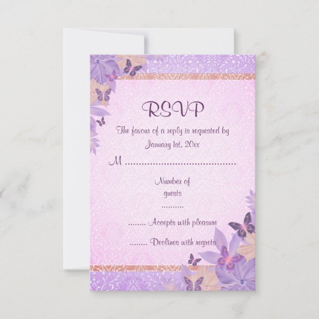 Purple/Peach Butterfly & Damask RSVP Card (Front)