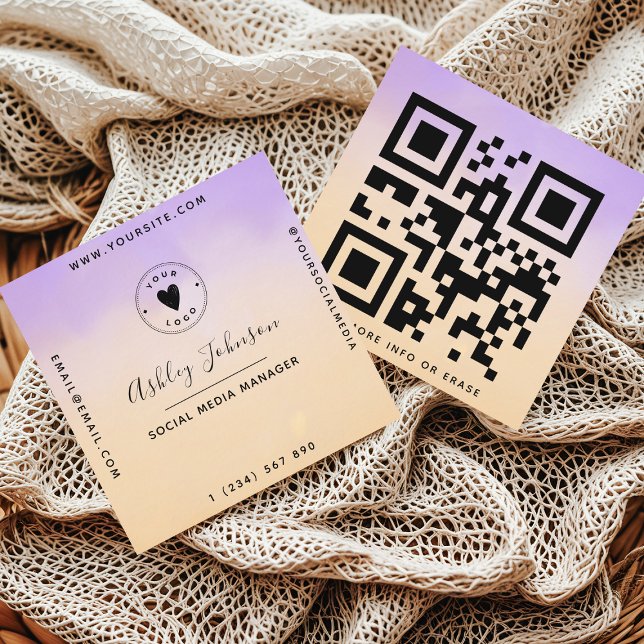 Purple & Peach Dreamy QR Code & Cute Logo Modern Square Business Card (Creator Uploaded)