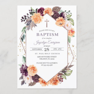 Purple Peach Floral Fall Baptism Invitation