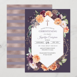 Purple Peach Floral Fall Christening Invitation