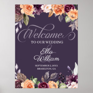 Purple Peach Floral Fall Wedding Welcome Sign