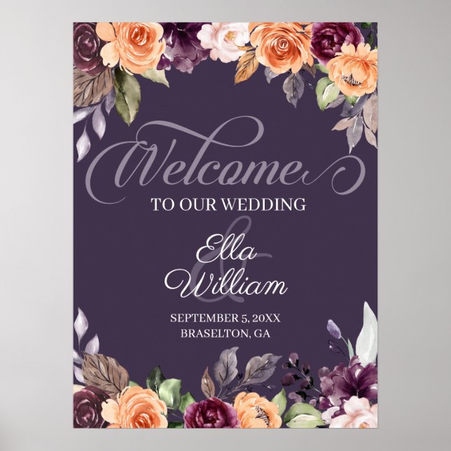 Purple Peach Floral Fall Wedding Welcome Sign (Front)