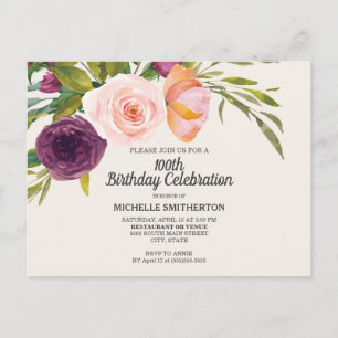 Purple Peach Floral Ivory 100th Birthday Postcard