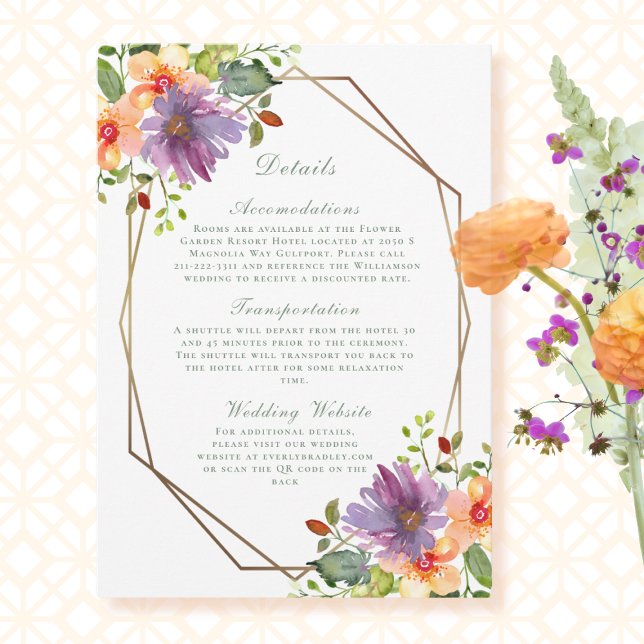 Purple Peach Floral QR Code Modern Wedding Detail  Invitation (Creator Uploaded)