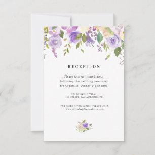purple & peach floral wedding reception card