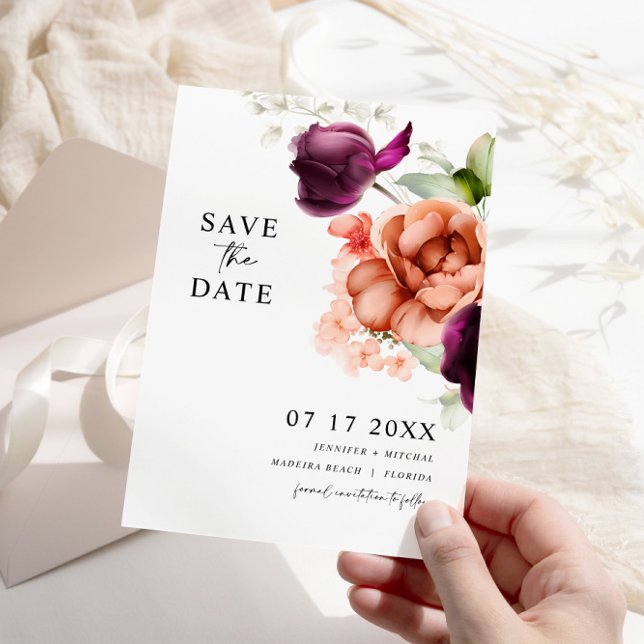 Purple & Peach Flowers Save The Date Card (Creator Uploaded)