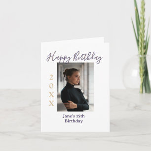 purple peach happy 15th birthday photo name year t note card
