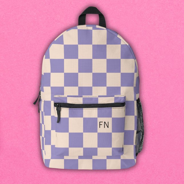Purple & Peach Monogram Initials Chequerboard Printed Backpack (Creator Uploaded)
