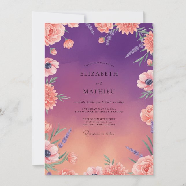 Purple Peach Ranunculus Eucalyptus Wedding Invitation (Front)