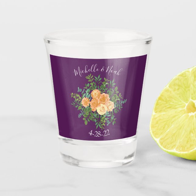 Purple Peach Wedding Floral Roses Shot Glass (Front)