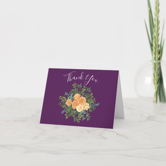 Purple Peach Wedding Floral Roses Thank You Card (Front)