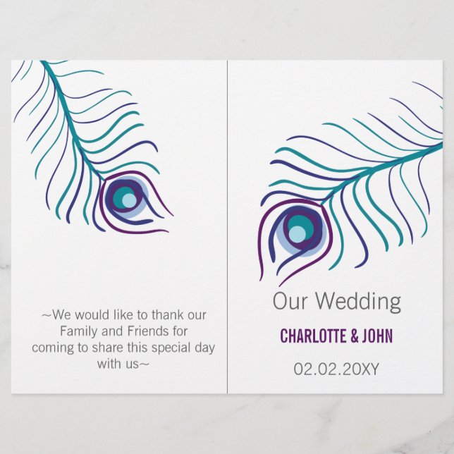 purple peacock bi fold Wedding program (Front)