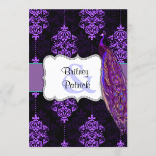 Purple Peacock & Black Damask Wedding Invitations