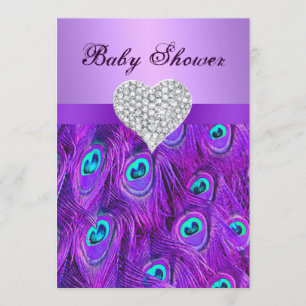 Purple Peacock Diamond Heart Baby Shower Invite