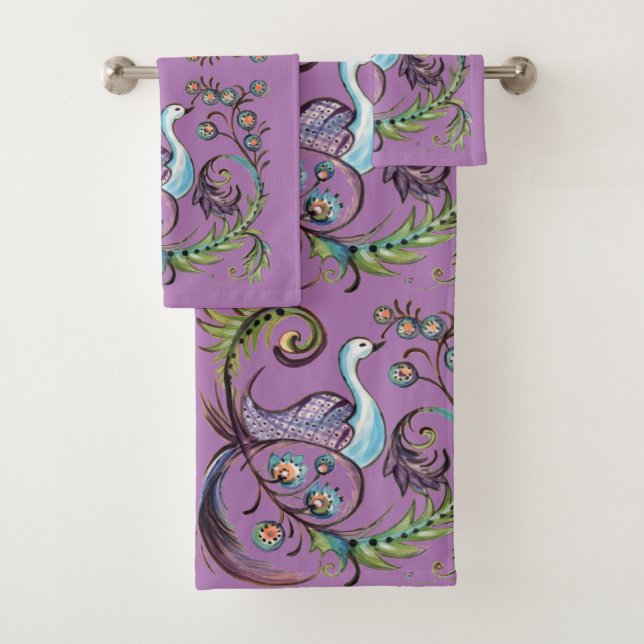 Purple Peacock Exotic Turquoise Scroll Chinoiserie Bath Towel Set (Insitu)