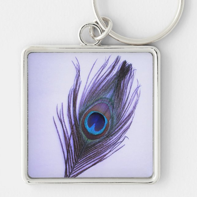 Purple Peacock Feather on Purple Large Premium Key Key Ring (Front)
