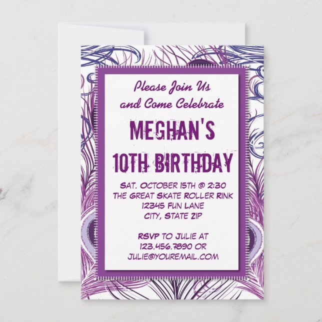 Purple Peacock Feathers Birthday Party Invitations (Front)