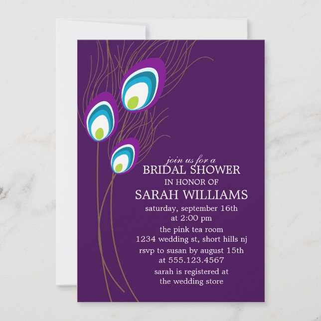 Purple Peacock Feathers Bridal Shower Invitation (Front)