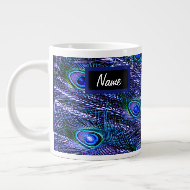 Purple Peacock Feathers Large Coffee Mug (Left)