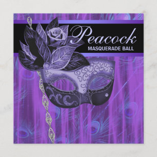 Purple Peacock Feathers Masquerade Party Invitation
