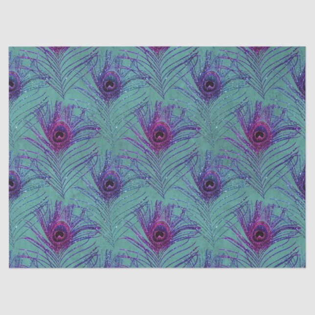 Purple Peacock Feathers on Teal Decoupage Tissue Paper (Front)