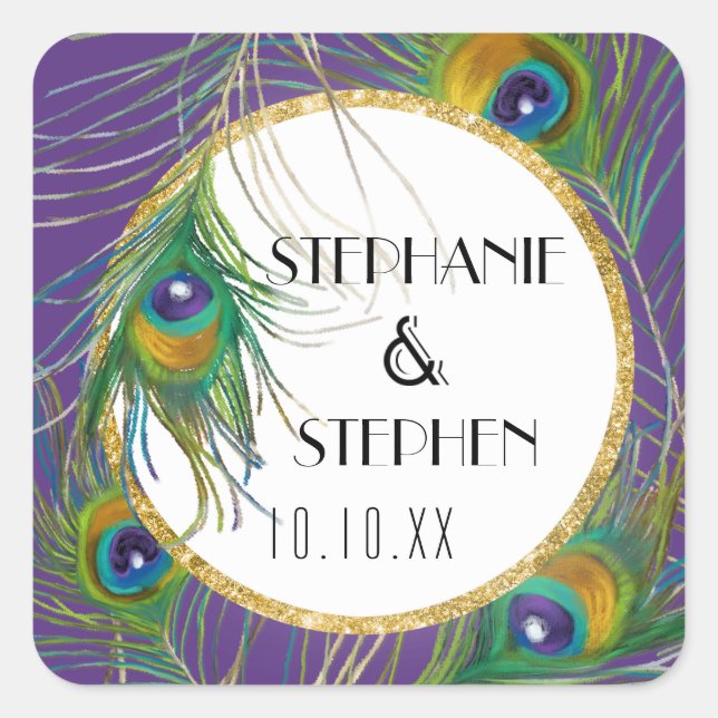 Purple Peacock Feathers w Gold Faux Glitter Seals (Front)