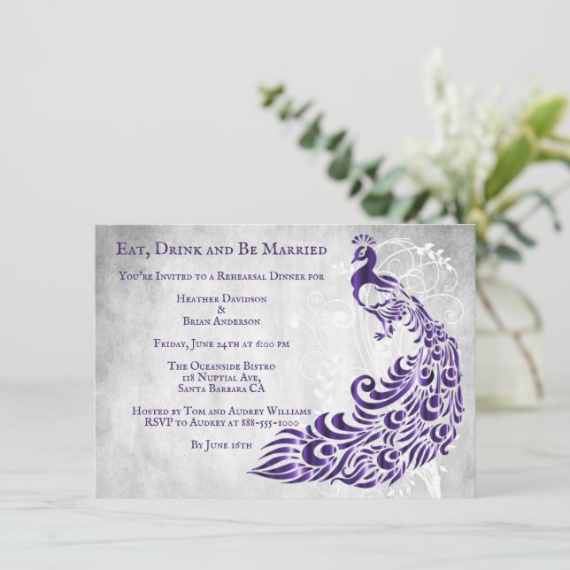 Purple Peacock Leaf Vine Rehearsal Dinner Invite (Standing Front)