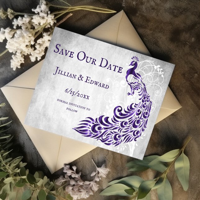 Purple Peacock Leaf Vine Save The Date Announcement (Purple Peacock Leaf Vine Save the Date)