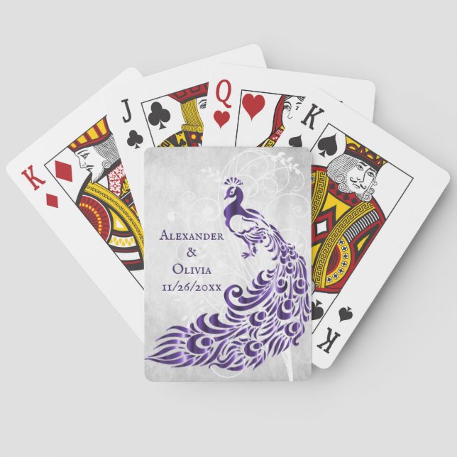 Purple Peacock Leaf Vine Wedding Favour Card Deck (Back)