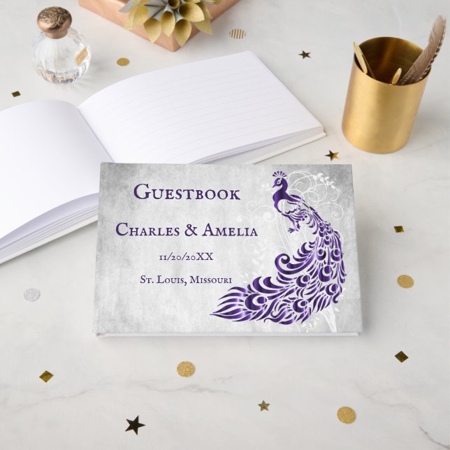 Purple Peacock Leaf Vine Wedding Guestbook (Front Open)